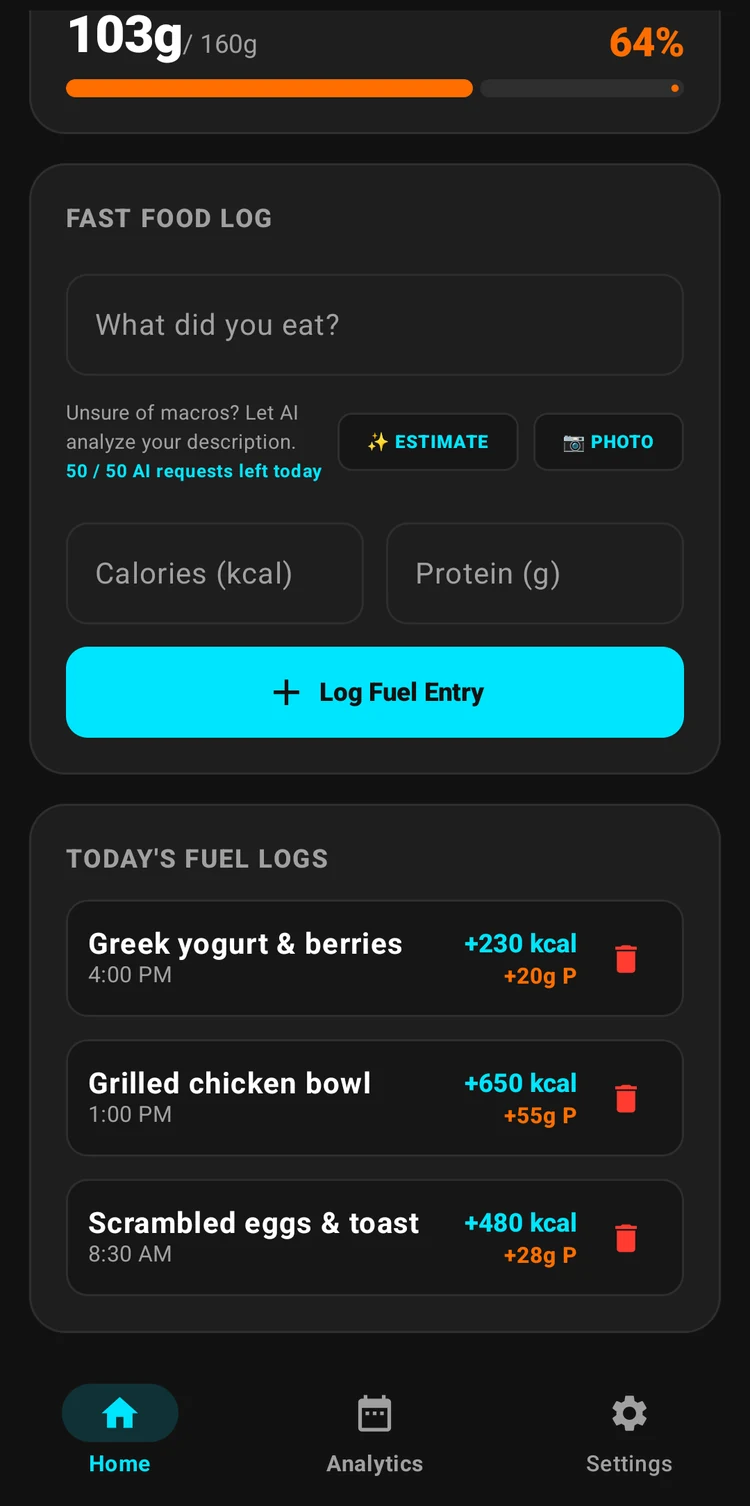Maclo fast food log with three logged meals and their calories and protein