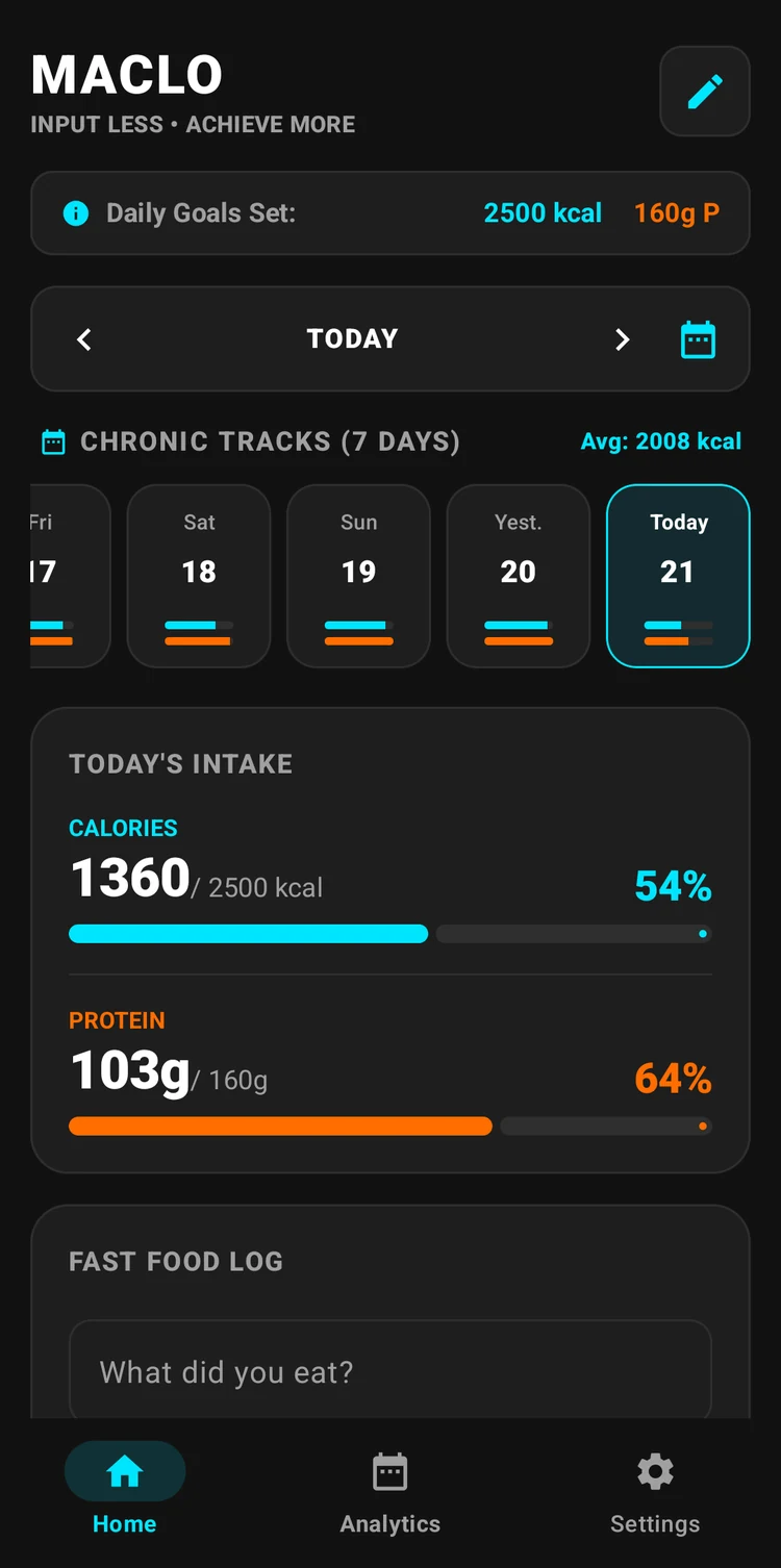Maclo home screen showing today's calorie and protein intake with a 7-day history strip